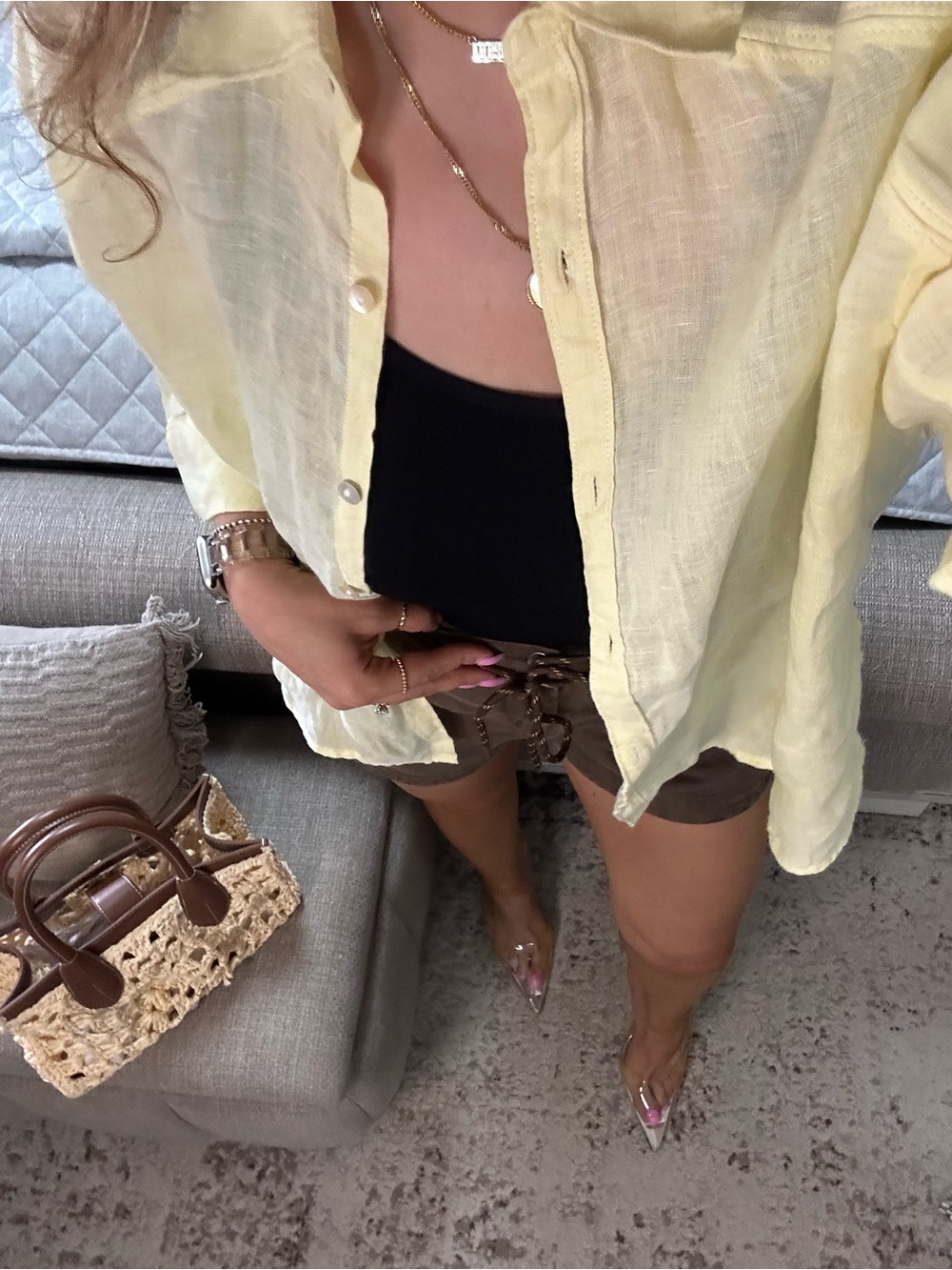 New๐บ Lemon yellow Linen Button Front Shirt - Picture 6 of 8